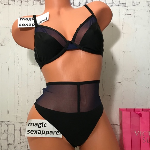 Victoria's Secret Other - VS LUXE 36 BRA PANTY SET PLUNGE SMOOTH MESH SHEER DEMI BRA HIGH-WAIST THONG